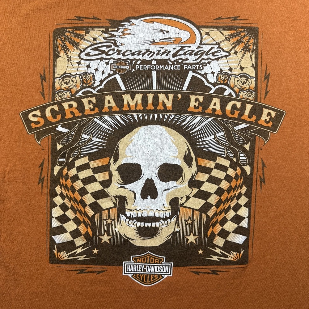 Harley-Davidson Shirt Mens XL Orange Screamin' Eagle Skull Graphic Biker Tee - Picture 1 of 8